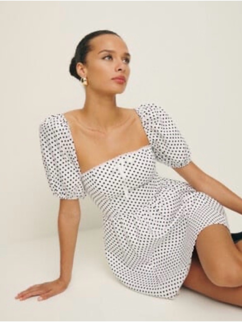 Reformation White Polka Dot Puff Sleeve Mini Dress